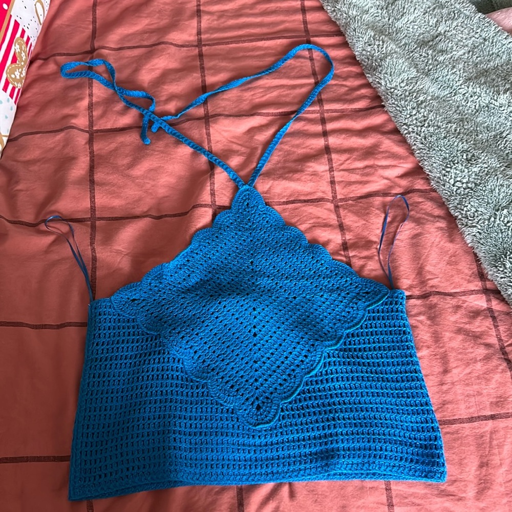 mango • blue crocheted crop top
